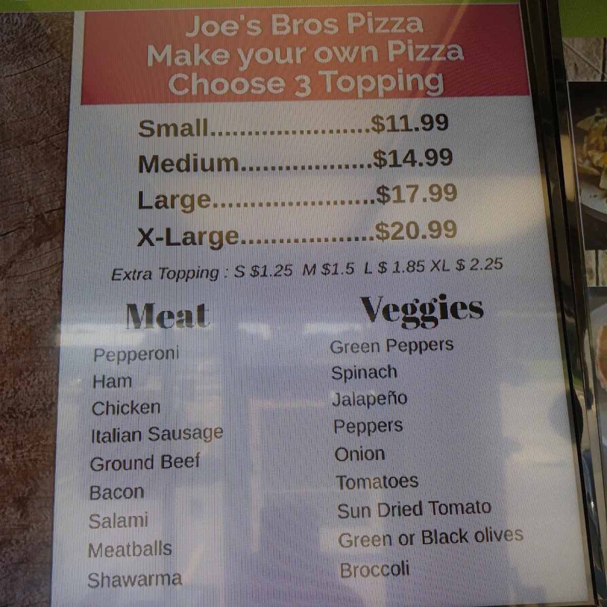 Menu, JOE'S BROS PIZZA PLUS