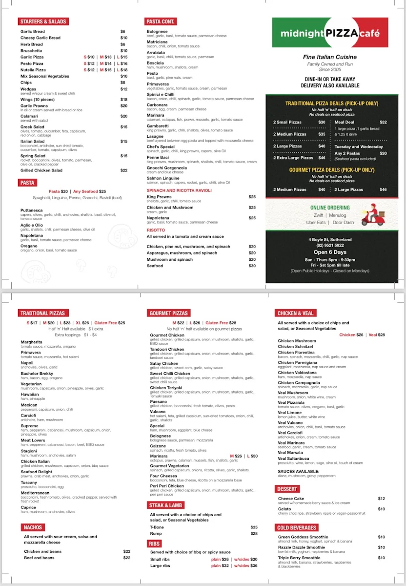 Menu, Midnight Pizza Cafe