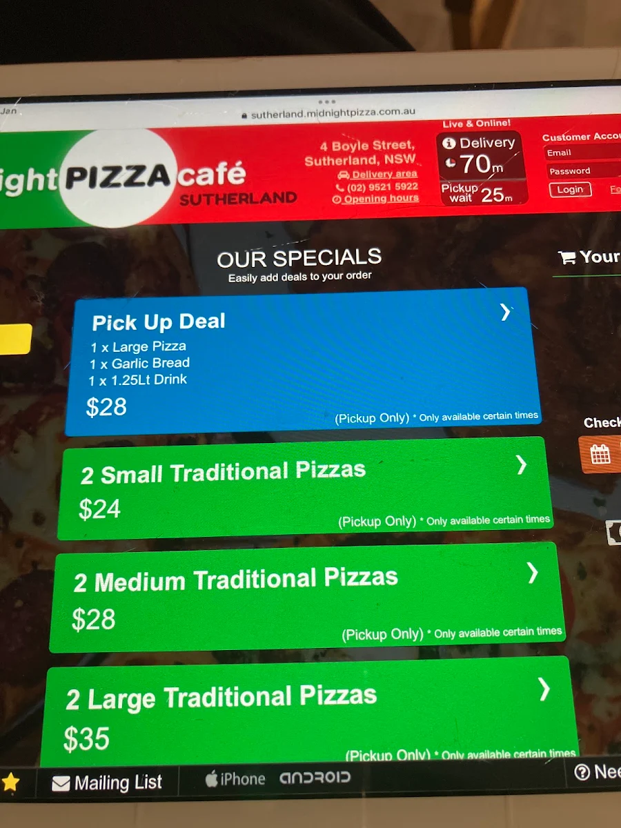 Menu, Midnight Pizza Cafe