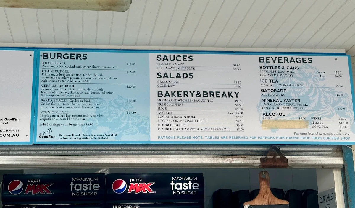 Menu, The Cerberus Beach House