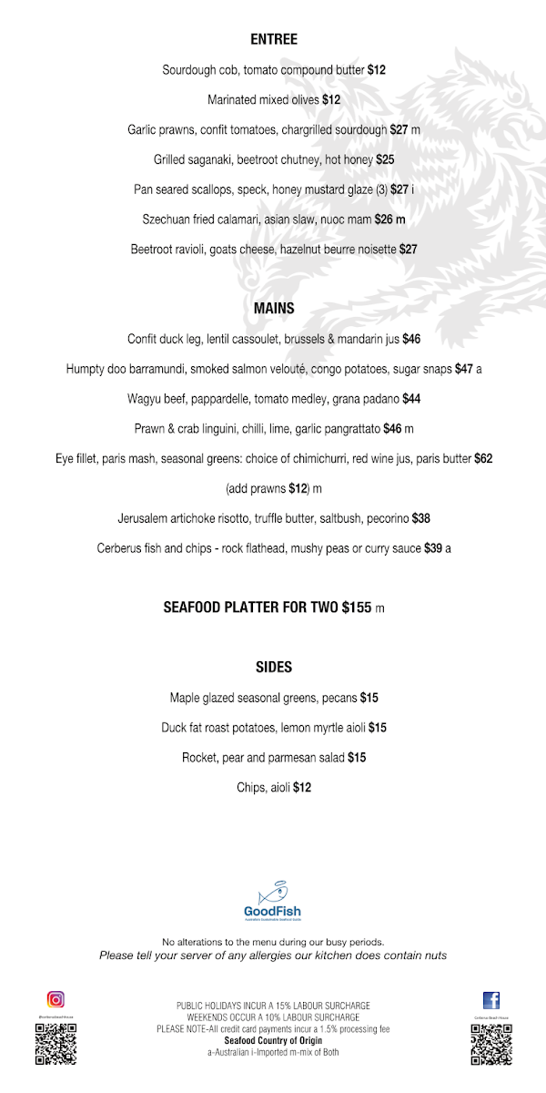 Menu, The Cerberus Beach House