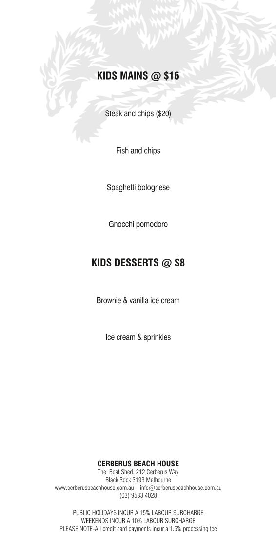 Menu, The Cerberus Beach House
