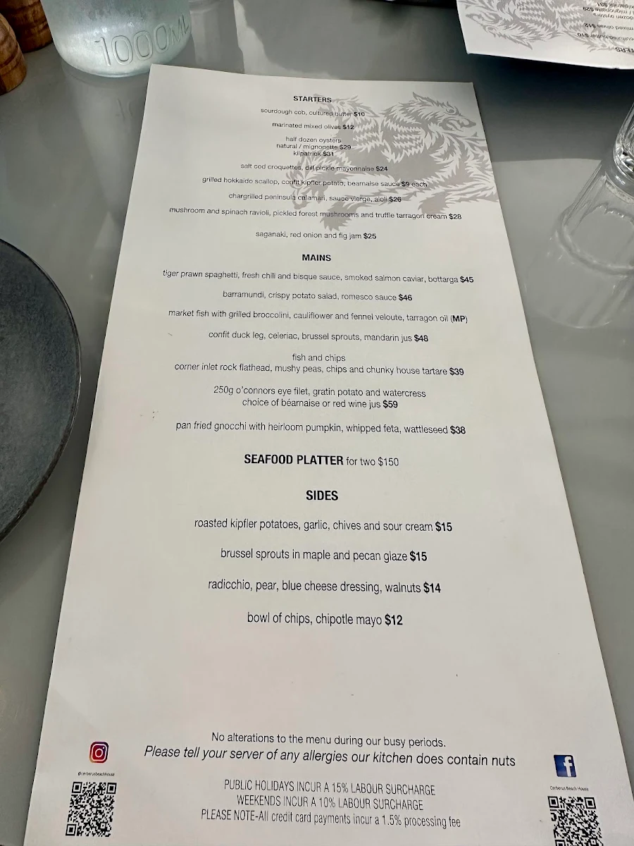 Menu, The Cerberus Beach House