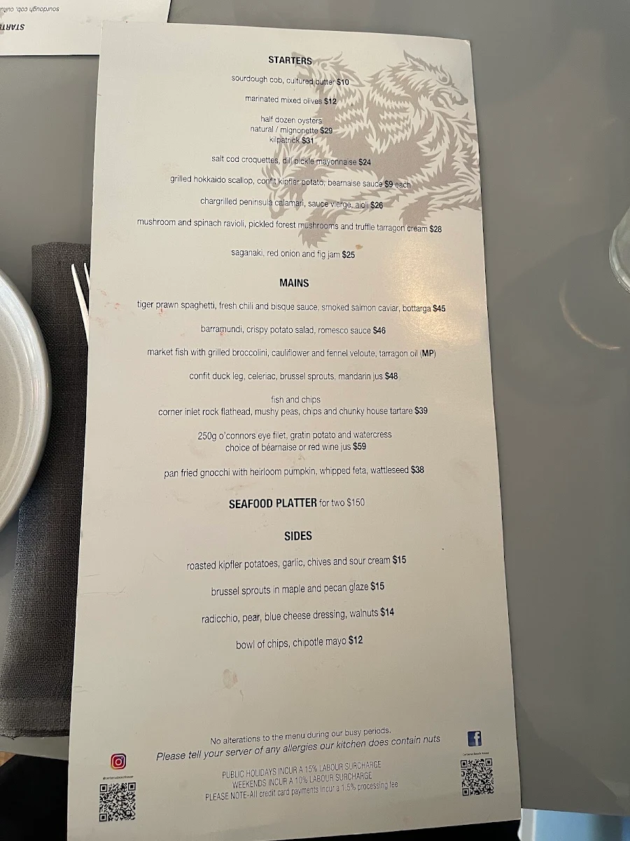 Menu, The Cerberus Beach House