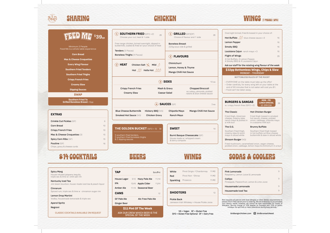 Menu, Bird Bang'n Chicken