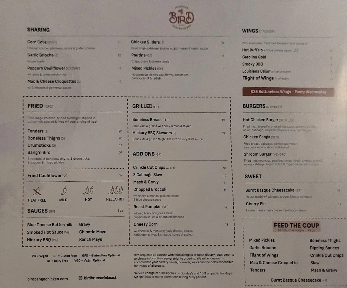 Menu, Bird Bang'n Chicken