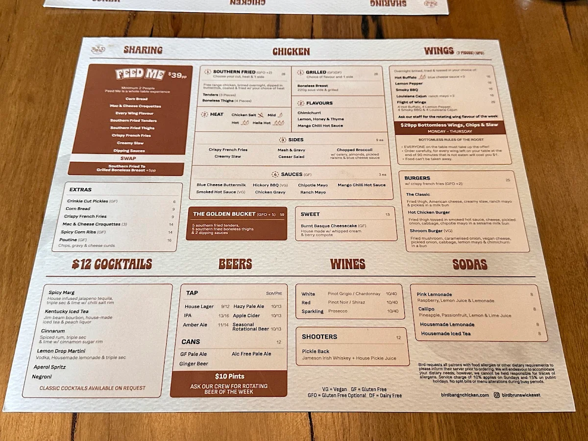 Menu, Bird Bang'n Chicken