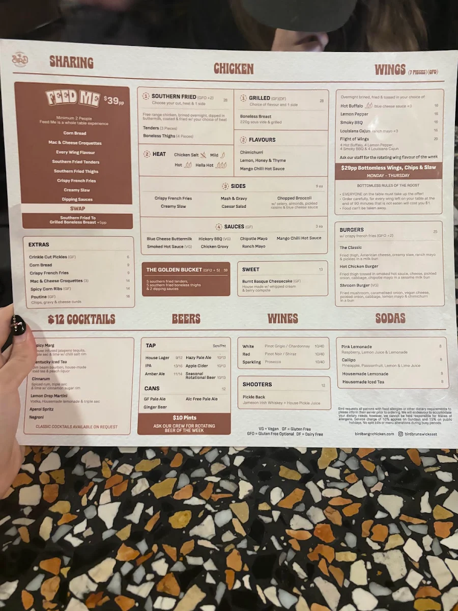Menu, Bird Bang'n Chicken
