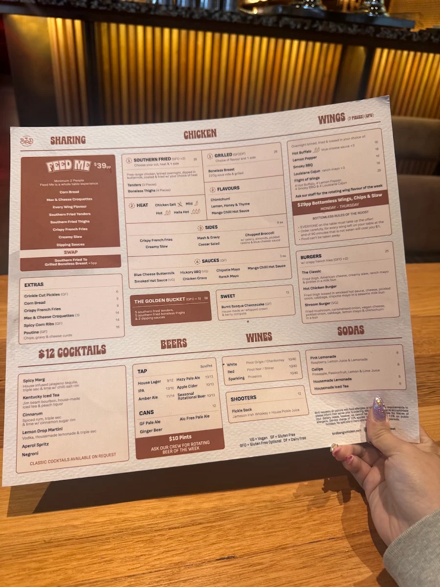 Menu, Bird Bang'n Chicken