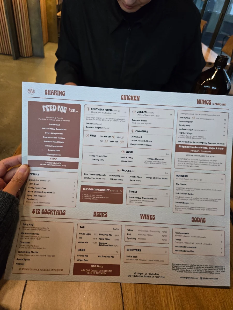 Menu, Bird Bang'n Chicken