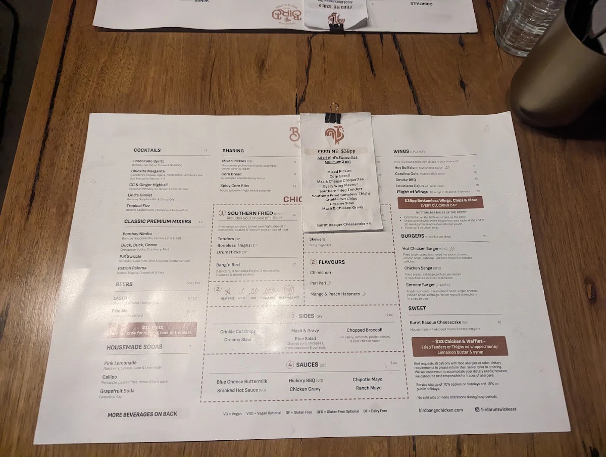 Menu, Bird Bang'n Chicken