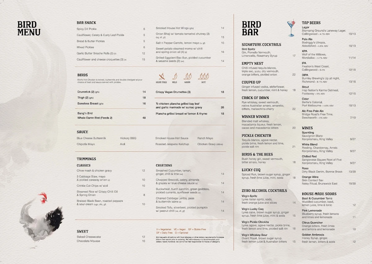 Menu, Bird Bang'n Chicken