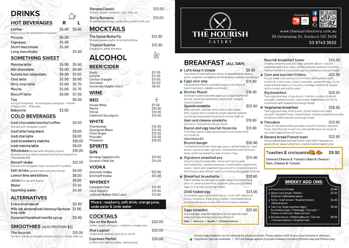 Menu, The Nourish Eatery - Cafe & Restaurant Sunbury