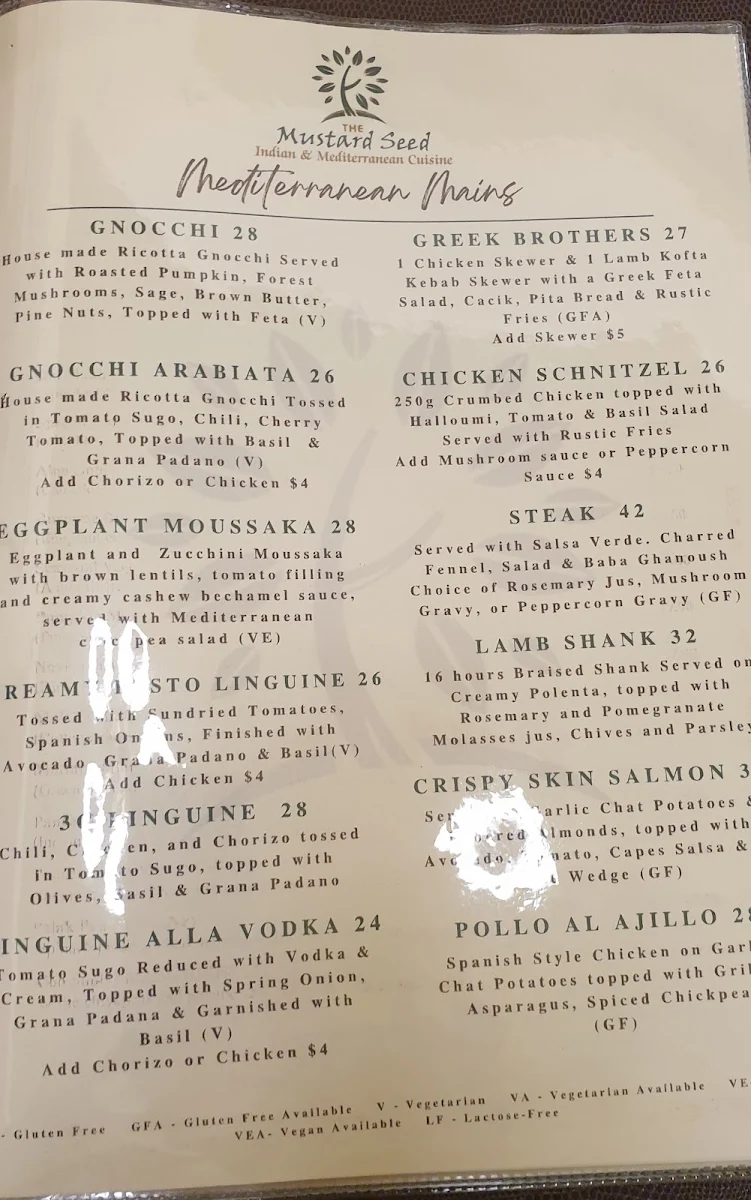 Menu, The Mustard Seed - Hahndorf