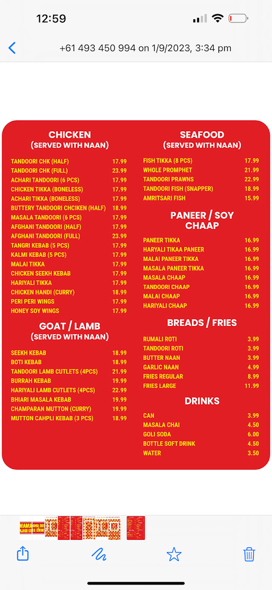 Menu, MAMA PUNJABI GRILL