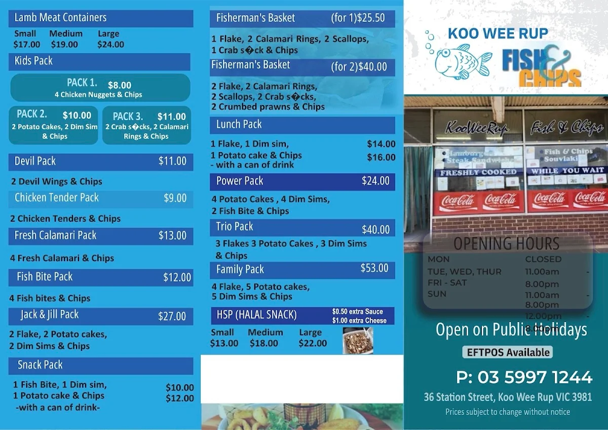 Menu, Koo Wee Rup Fish & Chips