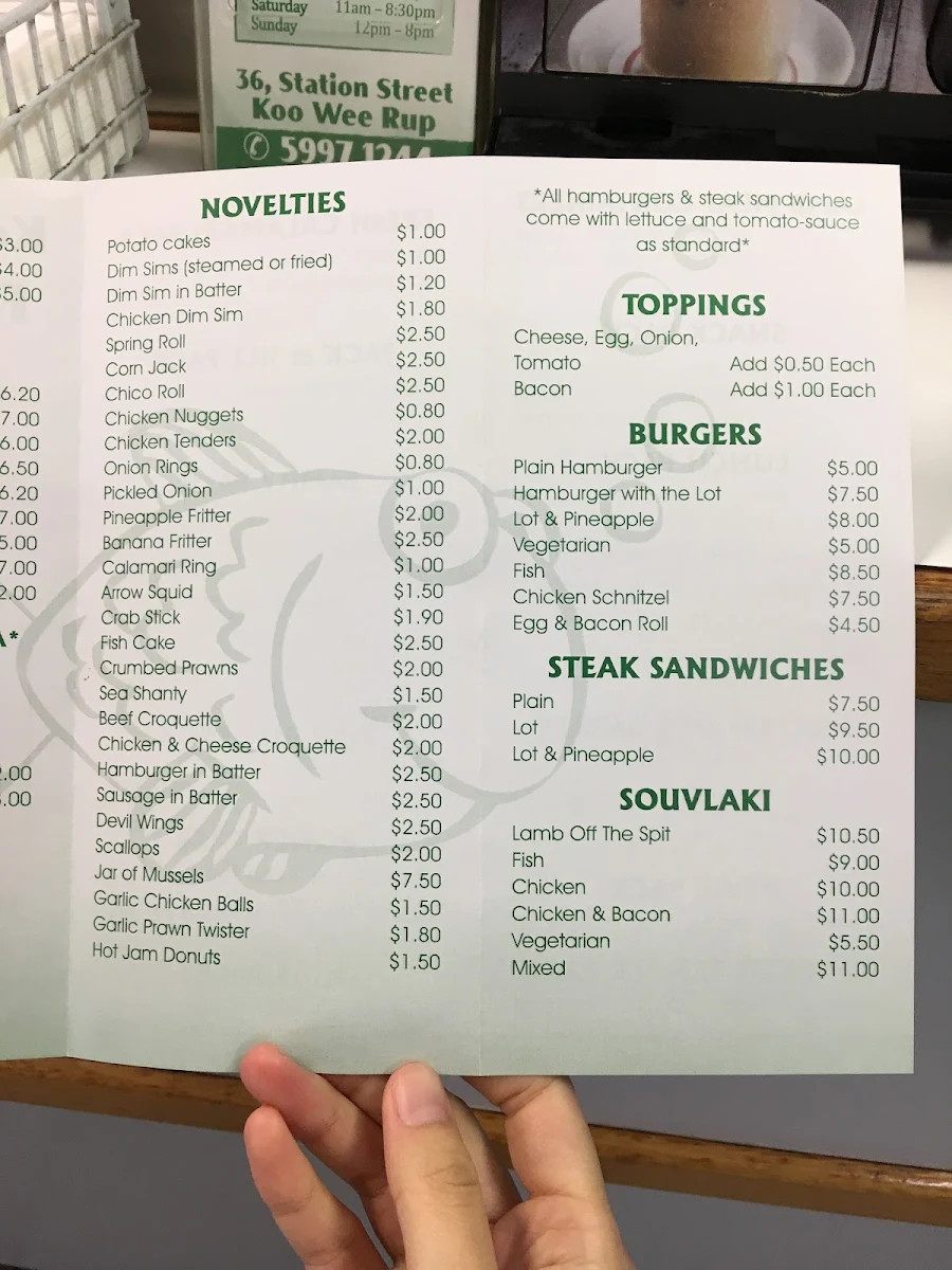 Menu, Koo Wee Rup Fish & Chips