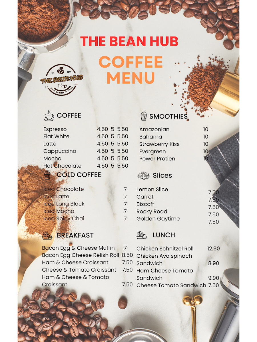 Menu, The Bean Hub