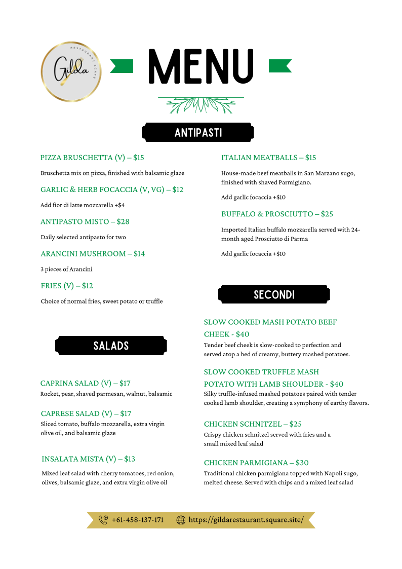 Menu, Gilda Restaurant & Cafe