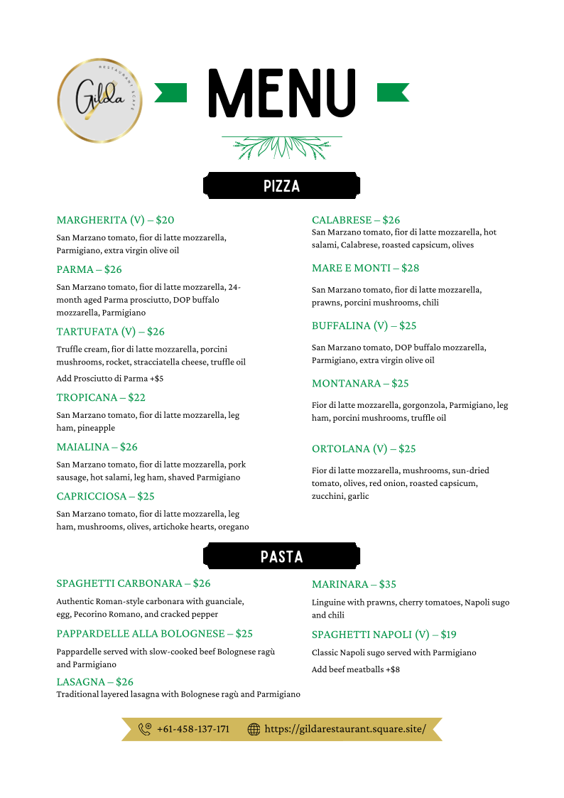 Menu, Gilda Restaurant & Cafe