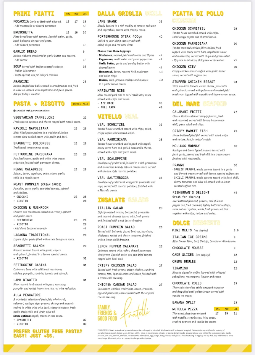 Menu, FRATELLI Frankston