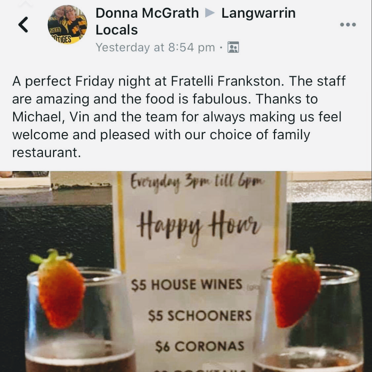 Menu, FRATELLI Frankston