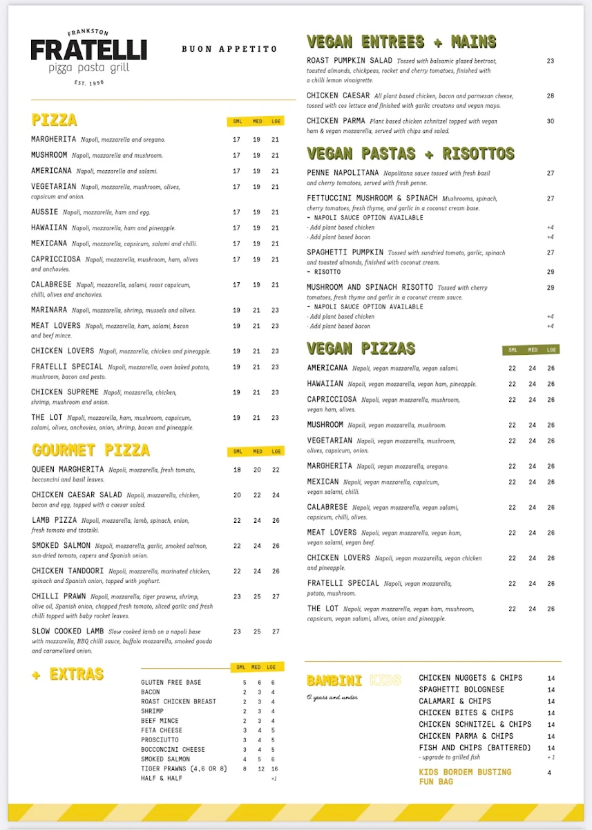 Menu, FRATELLI Frankston