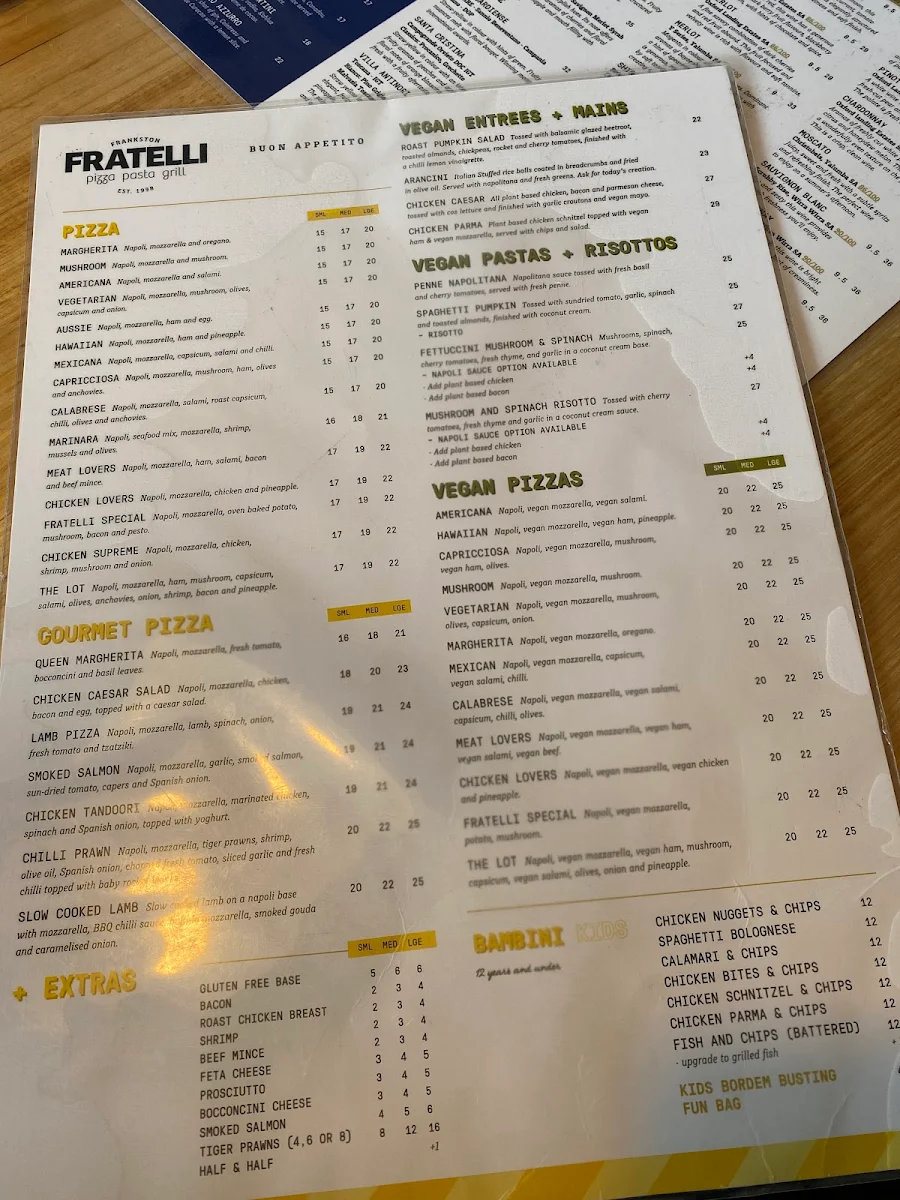 Menu, FRATELLI Frankston