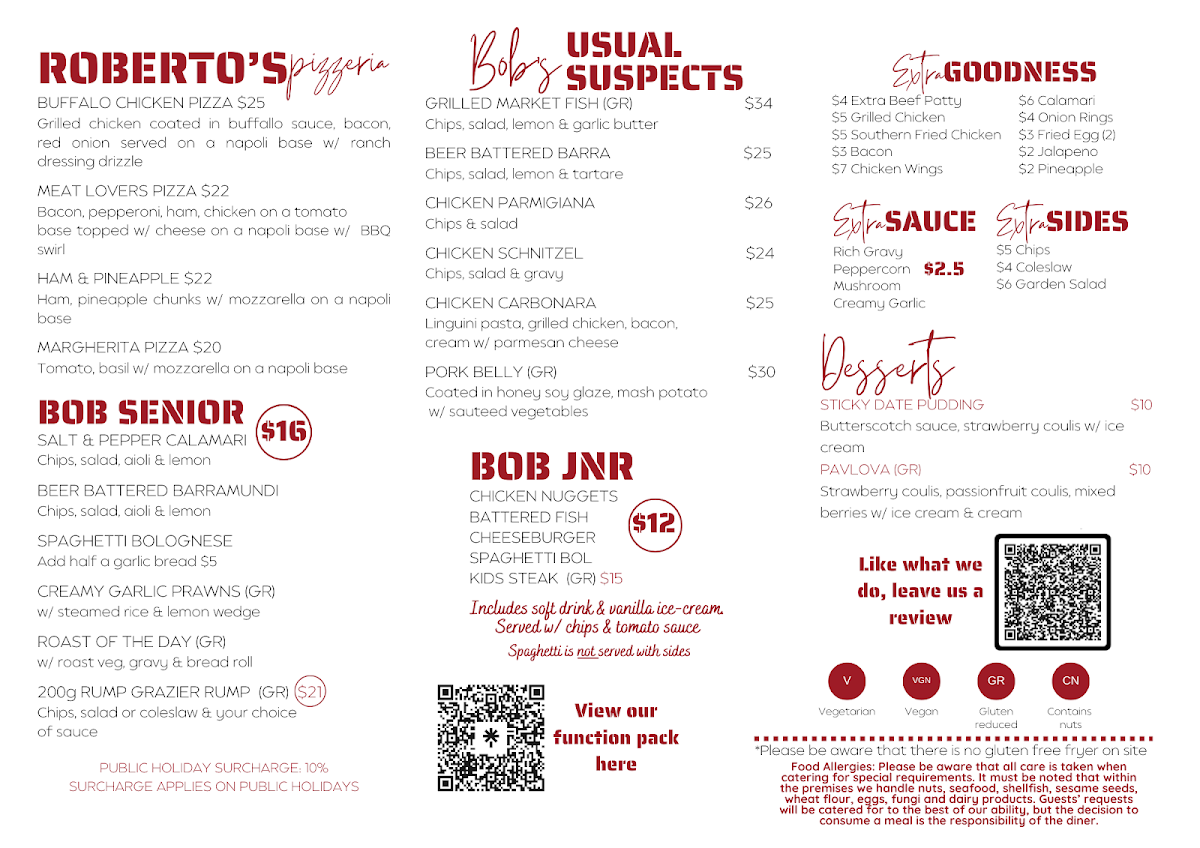 Menu, Oxley Tavern