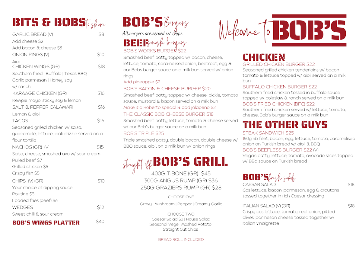 Menu, Oxley Tavern