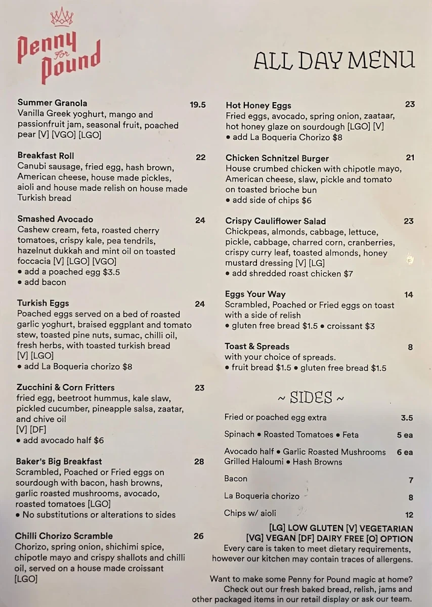 Menu, Penny for Pound