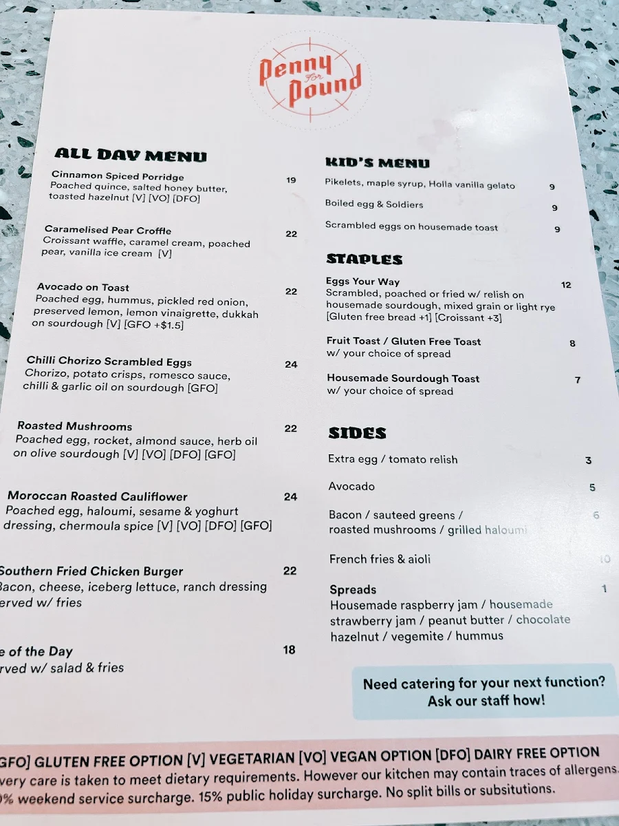 Menu, Penny for Pound