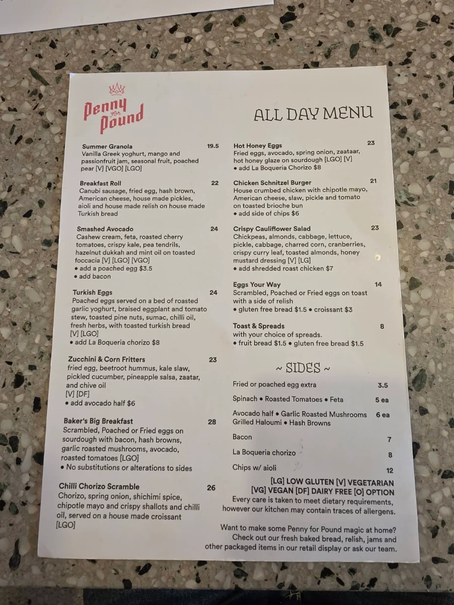 Menu, Penny for Pound