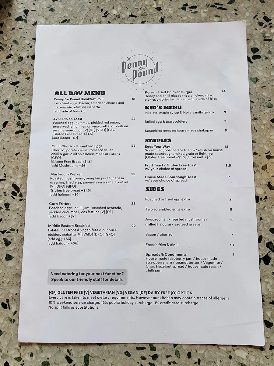 Menu, Penny for Pound