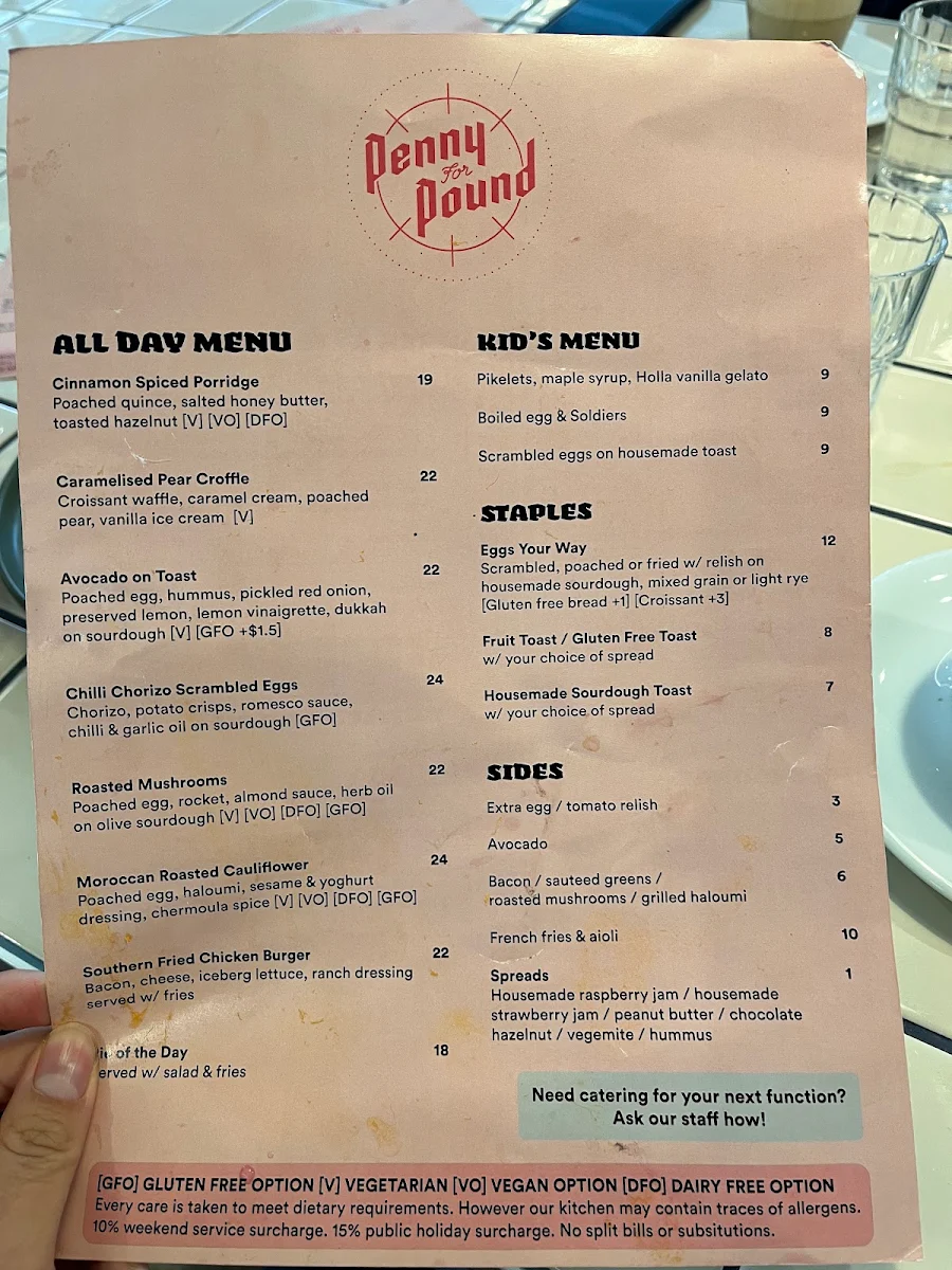Menu, Penny for Pound