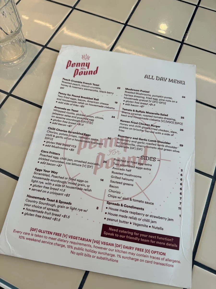 Menu, Penny for Pound