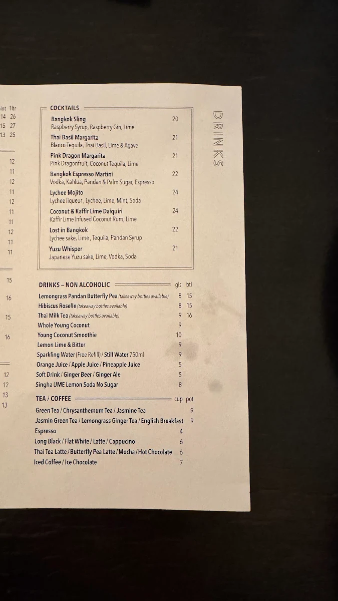 Menu, BAAN BAAN Perth