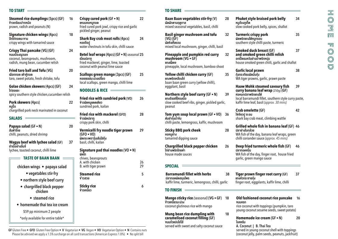 Menu, BAAN BAAN Perth