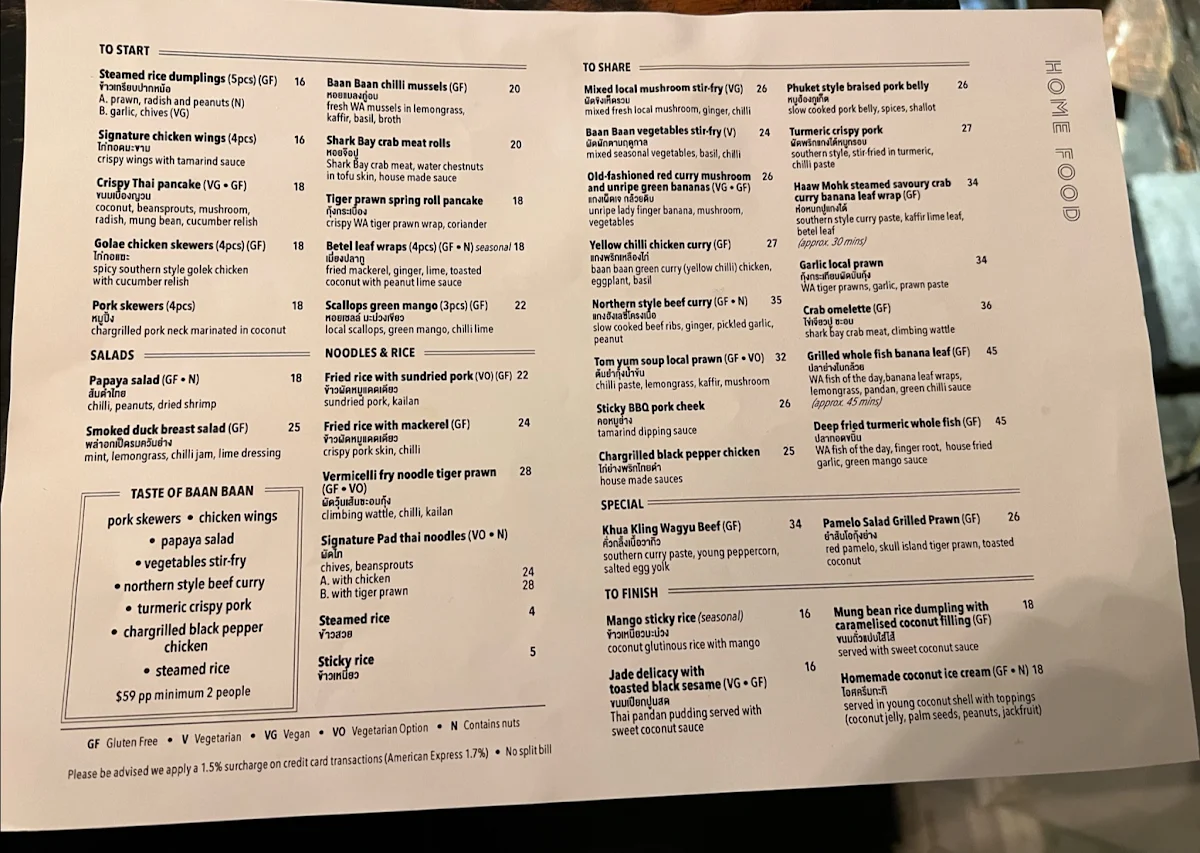 Menu, BAAN BAAN Perth