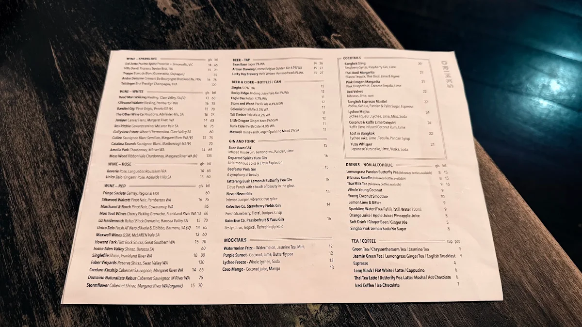 Menu, BAAN BAAN Perth