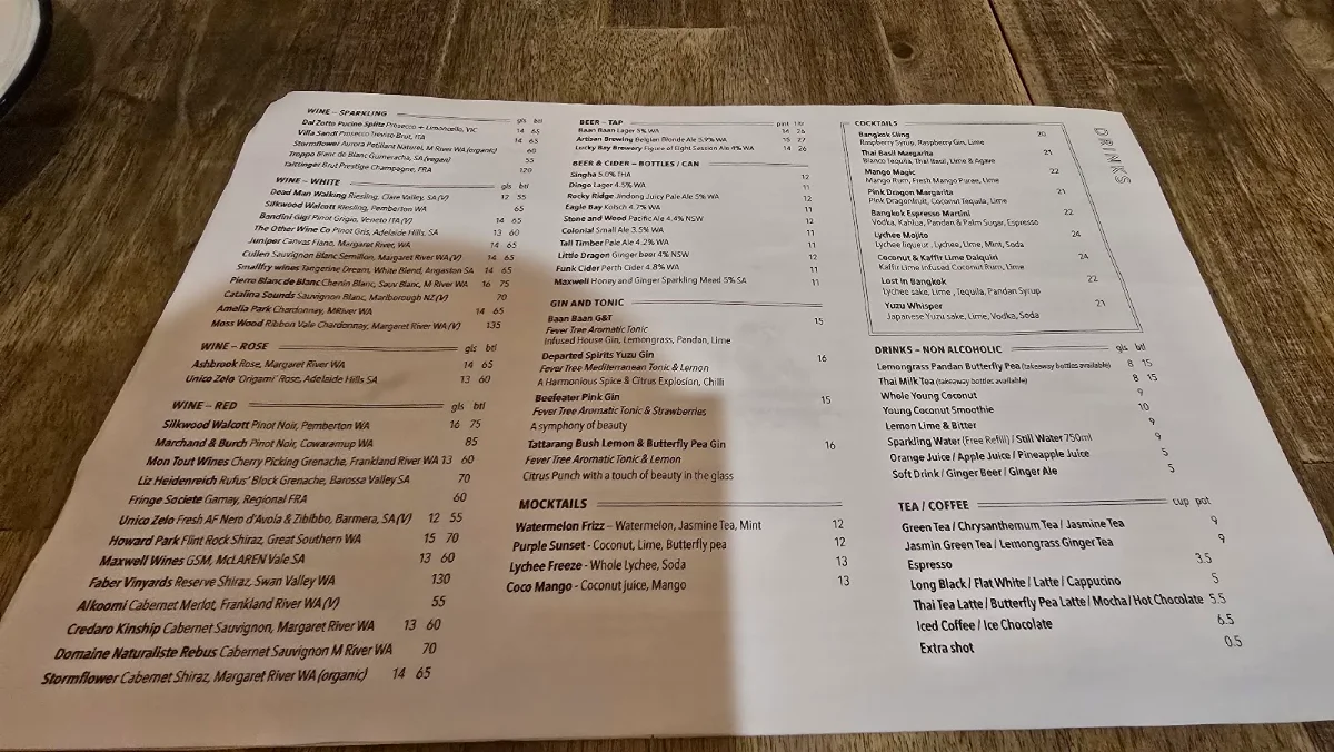 Menu, BAAN BAAN Perth