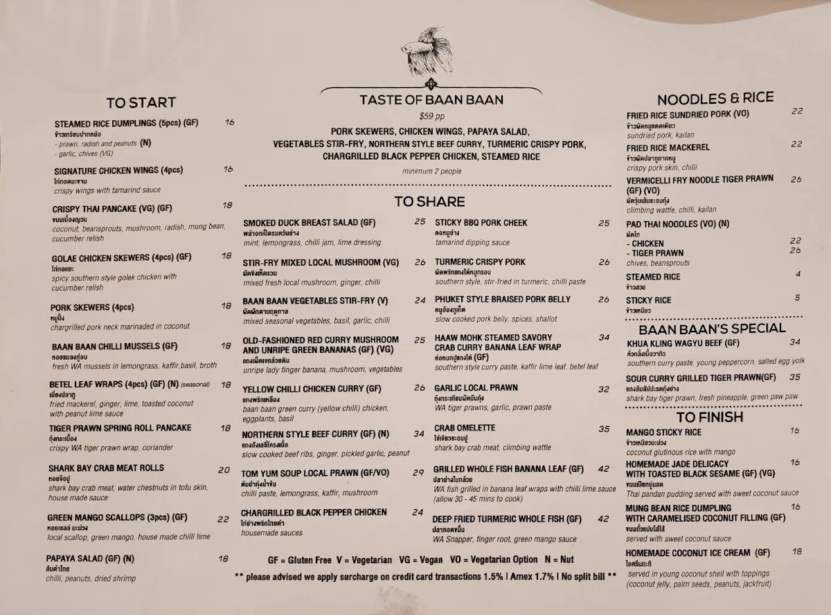 Menu, BAAN BAAN Perth