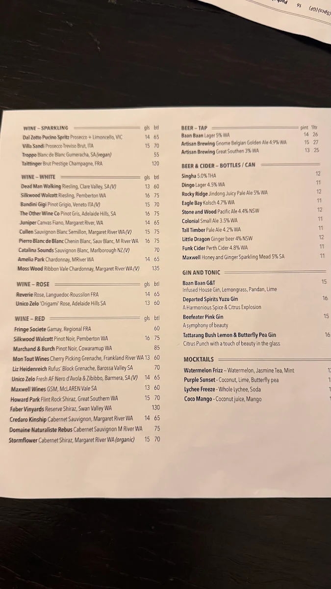 Menu, BAAN BAAN Perth