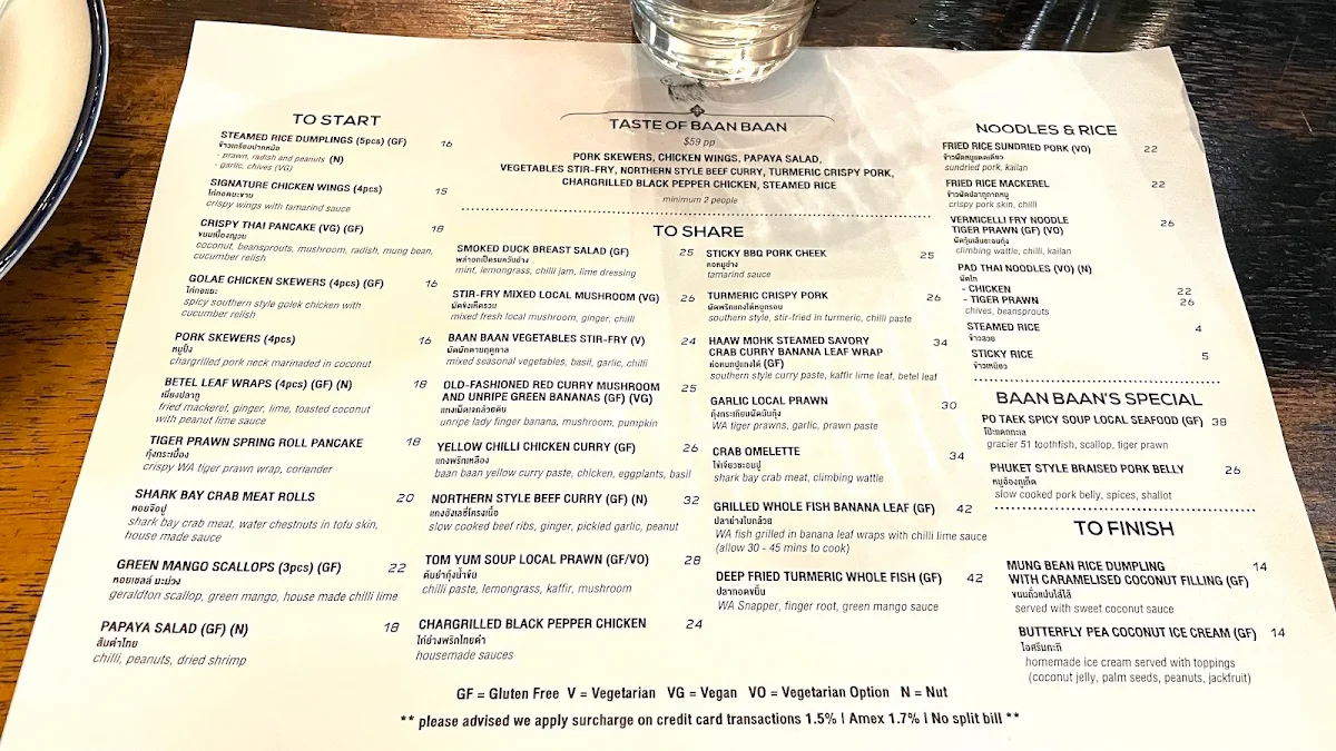 Menu, BAAN BAAN Perth