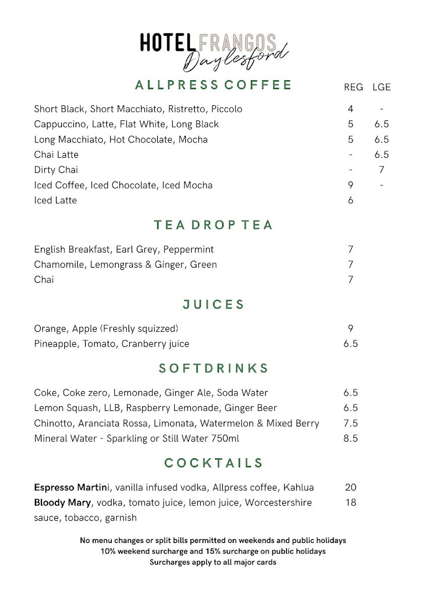 Menu, KOUKLA CAFE