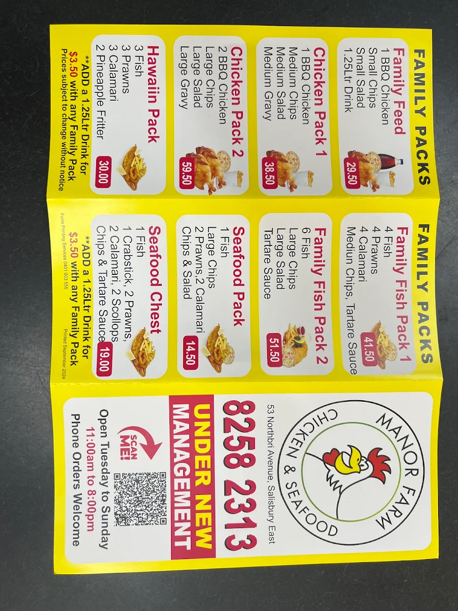 Menu, MANOR FARM CHICKEN & SEAFOOD