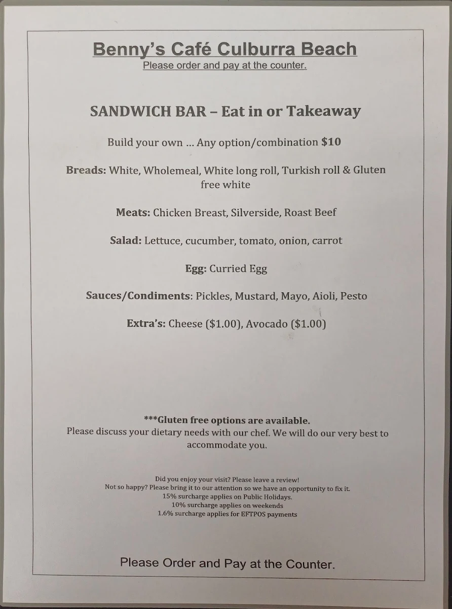 Menu, Benny's Cafe Culburra Beach NSW