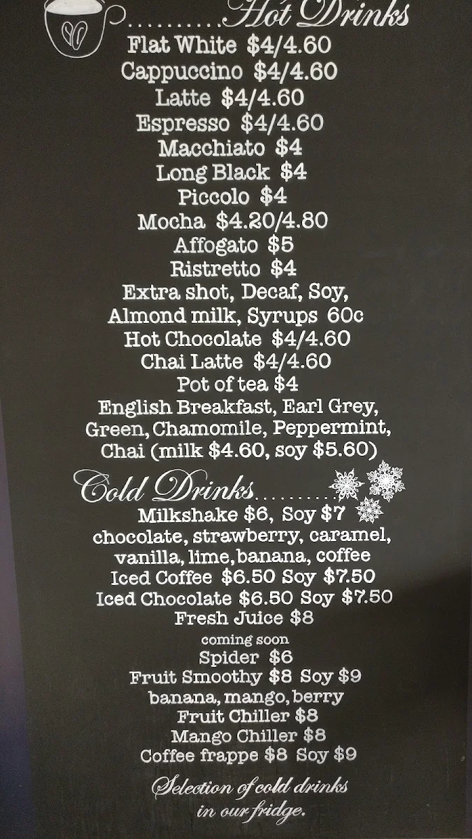 Menu, Benny's Cafe Culburra Beach NSW
