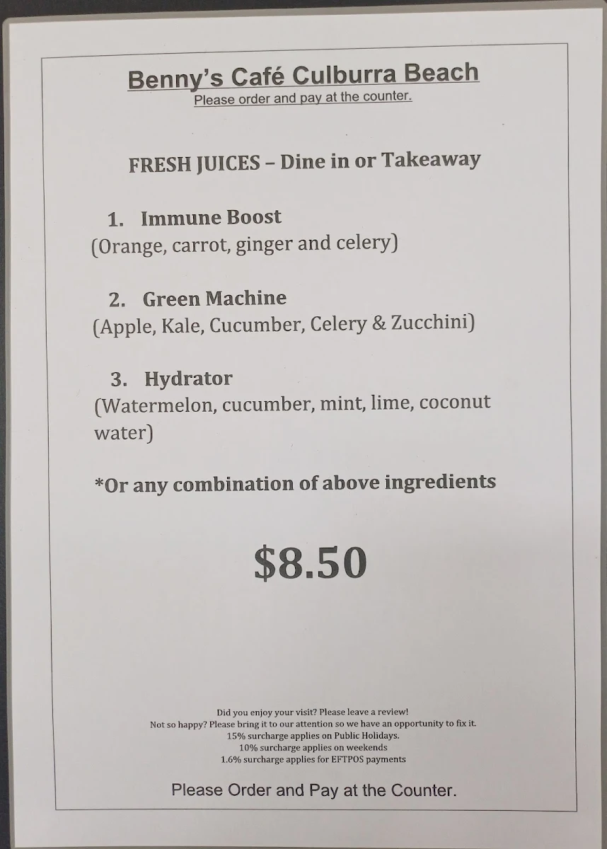 Menu, Benny's Cafe Culburra Beach NSW