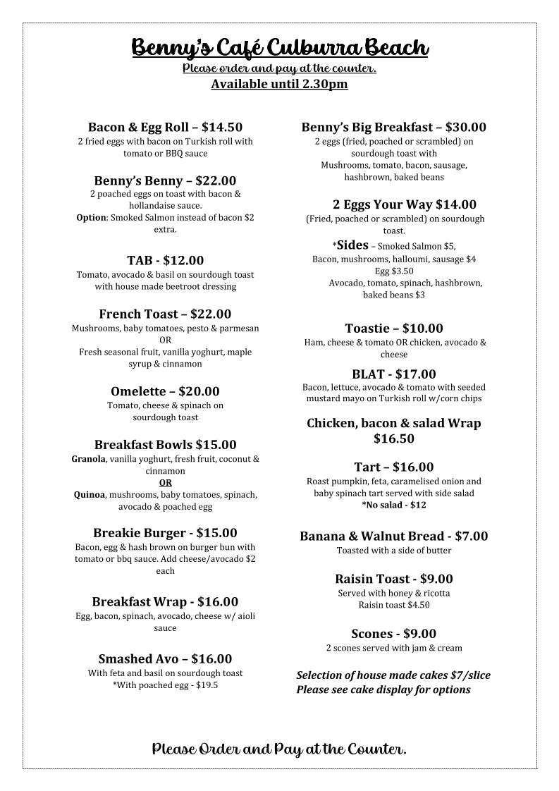 Menu, Benny's Cafe Culburra Beach NSW